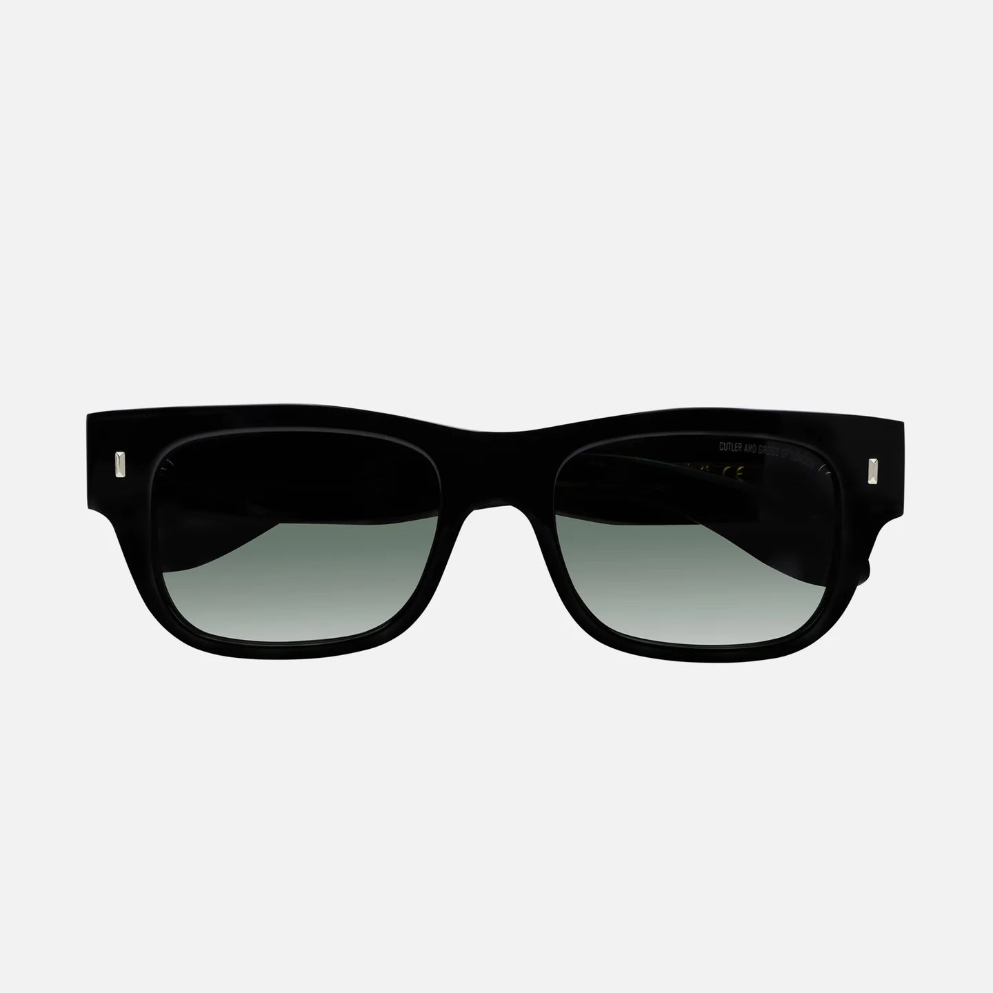 Black sunglasses with a light gray gradient lens on a white background