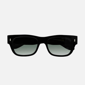 Black sunglasses with a light gray gradient lens on a white background